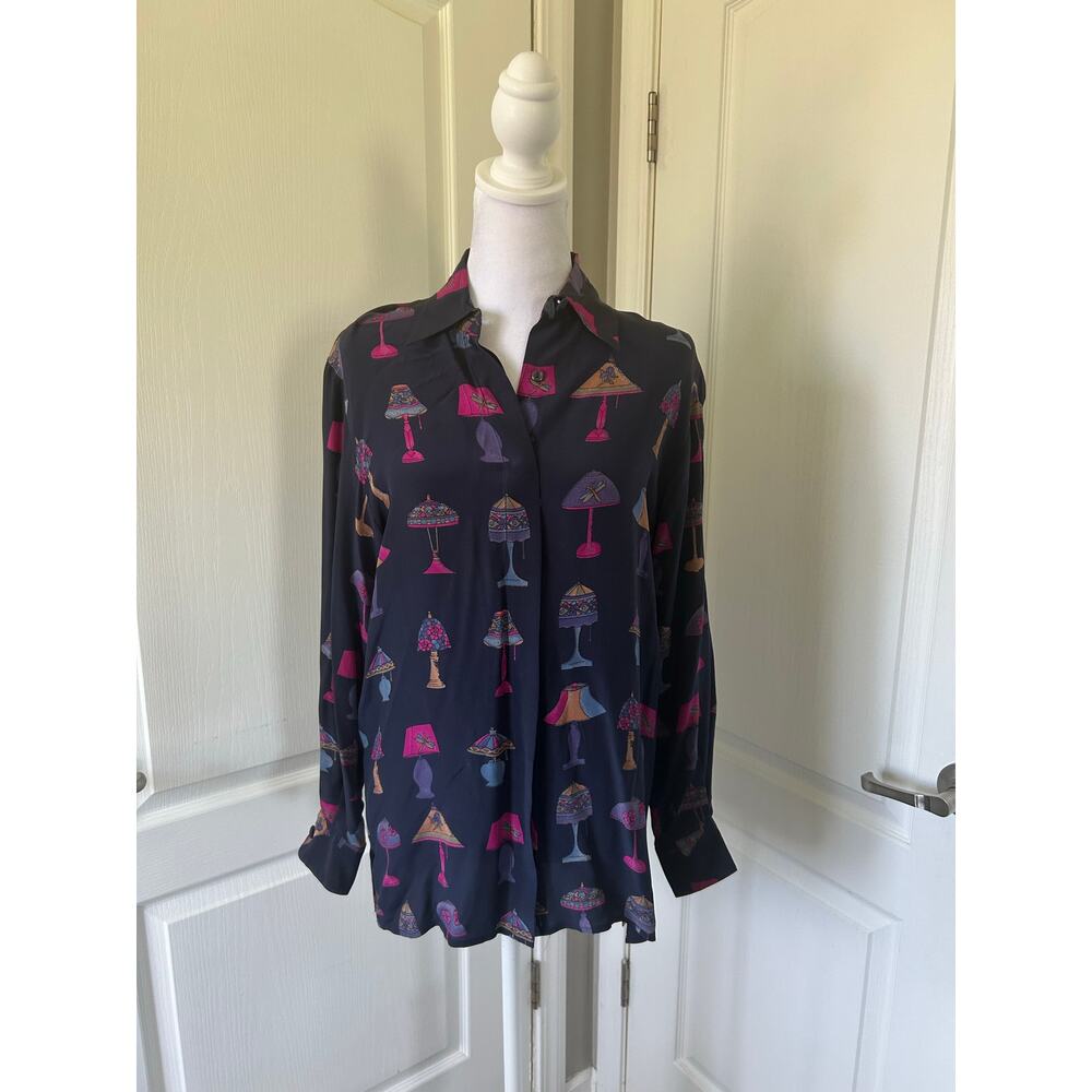 Piano Vintage Art Deco Silk Blouse - Retro Glam Lamp Print, Size S